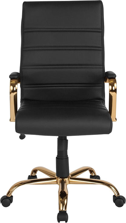 Merrick Lane Milano Contemporary High-Back Black Faux Leather Home Office Chair with Padded Gold Arms