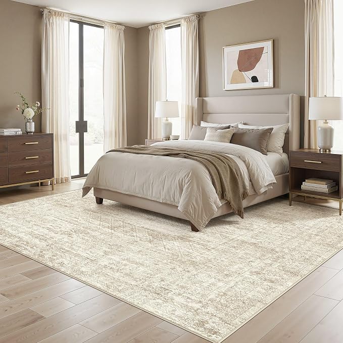 UERMEI Square Area Rugs : Washable 8x8 Neutral Modern Abstract Carpet for Living Room Bedroom - Soft Floor Mat with Non Slip Backing for Kitchen Nursery Dorms Farmhouse Home Decor - Beige/Brown