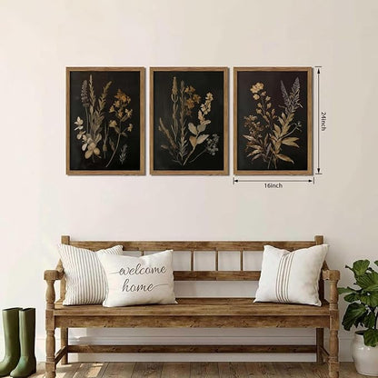 Framed Dark Botanical Wall Art Set of 3, Black Moody Floral Wall Decor Paintings, Dark Academia Decor, Vintage Flower Artwork Prints Pictures for Living Room Bedroom Bathroom 16x24 Inch