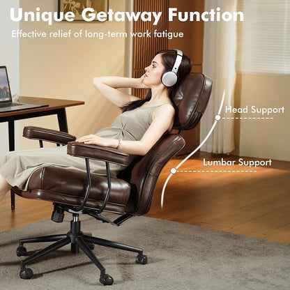 High Back Executive Office Chair with Comfortable Deep Seat,Brown PU Leather Modern Office Chair,Ergonomic Big and Tall Computer Desk Chair with Lumbar Support(Dark Brown)