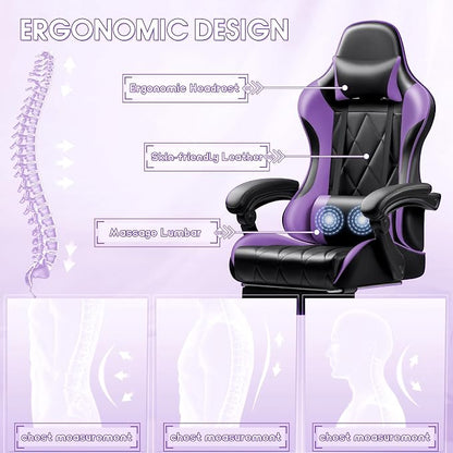 Shahoo Gaming Chair with Footrest and Massage Lumbar Support, Ergonomic Office Computer Seat Height Adjustable with Headrest, Purple