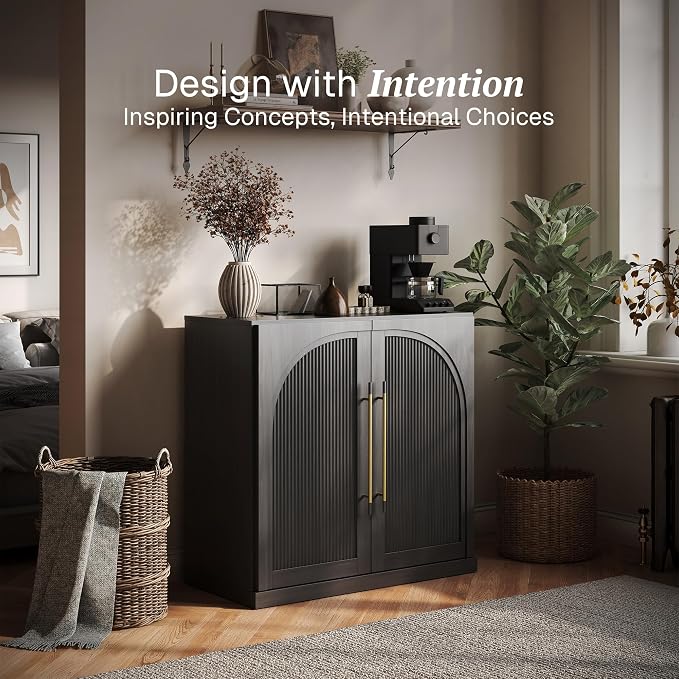 BELLEZE 32.5" Kitchen Storage Cabinet with Adjustable Shelves,Freestanding Accent Cabinet with Fluted Arched Design & Gold Handles,Modern Credenza for Living Room,Dining Room,Entryway - Ebony