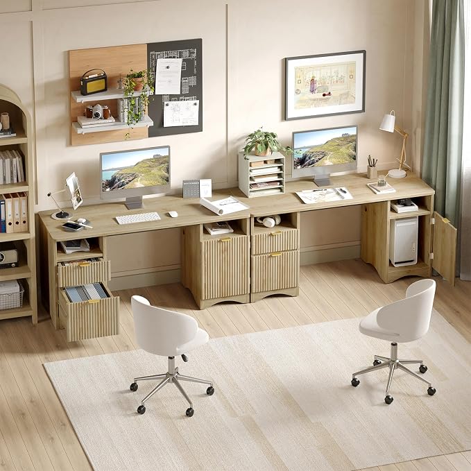 Bestier 59 inch Computer Desk with 2 Drawers, Office Desk with Storage File Cabinet and 2 Open Storage Shelves, Modern Fluted Executive Desk for Home Office Bedroom, Natural Oak