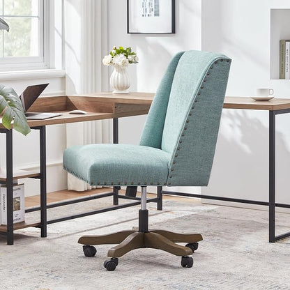 Zihanhome Armless Office Chair with Wooden Legs, Modern Adjustable Upholstered Home Office Desk Chair No Arms Sewing Chair Swivel Chair for Home Office Study Studio (Teal)