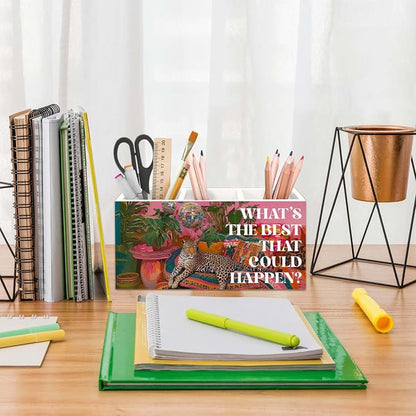 Leopard Disco Pen Holder for Desk, Pink Preppy Coquette Cheetah Pencil Organizer, Maximalist What's The Best That Could Happen Wooden Pen Holder Desk Accessories Decor for Girls Room Dorm