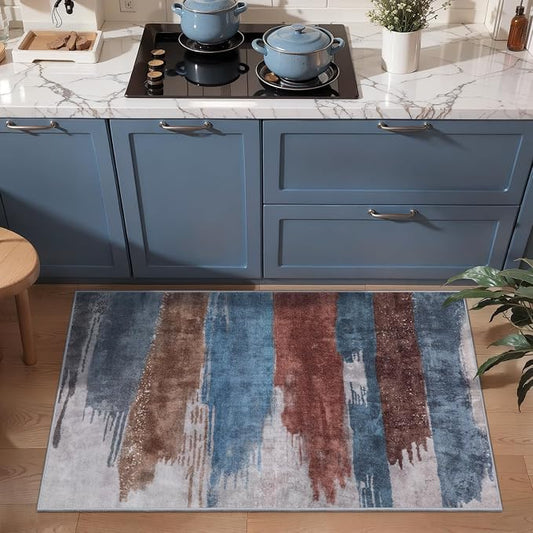 Ciicool Modern Abstract Area Rug 2x3 Washable Small Entryway Rugs,Blue Brown Non-Slip Low Pile Throw Entry Rug, Foldable Kitchen Bathroom Rugs Floor Carpet for Entrance Bedroom Indoor Doormat