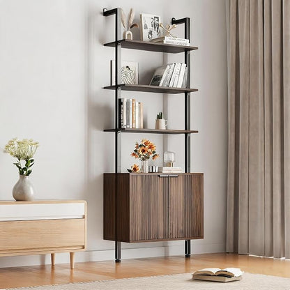 INNOD 74" Tall Bookshelf with Storage Cabinet, Modern Ladder Shelf with Wood and Metal Frame, Wall Mount Bookcase Open Display Shelf Furniture for Living Room, Bedroom, Home Office, Walnut
