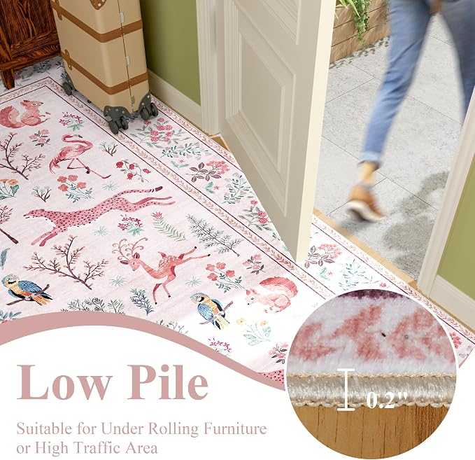 DUKINO 6x9 Rug, Washable Animal Living Room Rug with Non Slip Vintage Design, Soft Low Pile Large Carpet for Bedroom, Nursery, Dining Room, Farmhouse, Playroom, Pink