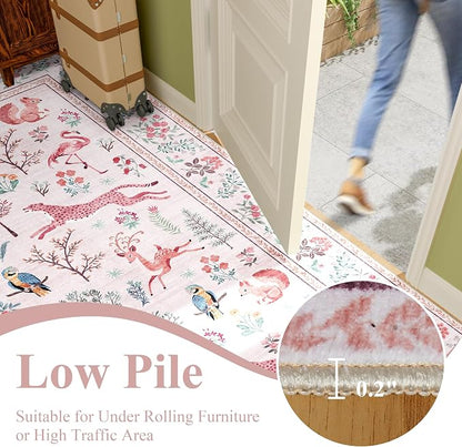 DUKINO 3x5 Rug, Washable Animal Area Rug with Non Slip Vintage Design, Indoor Soft Low Pile Carpet for Bedroom, Nursery, Dining Room, Farmhouse, Playroom, Pink