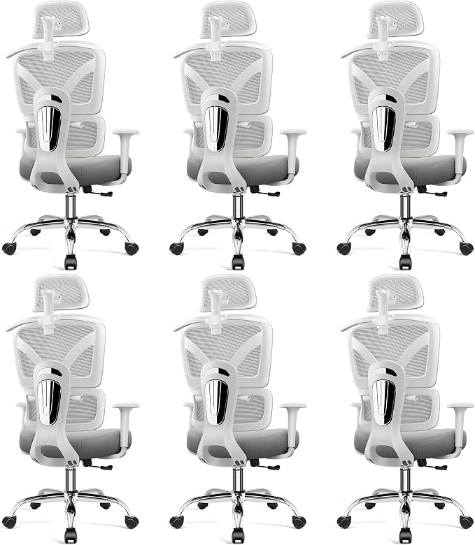 Ergonomic Office Desk Chair, High Back Mesh Office Chair with Adjustable Lumbar Support, 3D Headrest, Big and Tall Home Computer Desk Chairs Comfy for Work, Gaming, 300lbs, (Gray, 6 Pack)