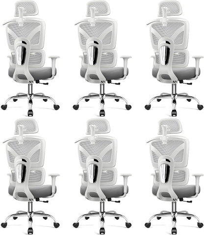 Ergonomic Office Desk Chair, High Back Mesh Office Chair with Adjustable Lumbar Support, 3D Headrest, Big and Tall Home Computer Desk Chairs Comfy for Work, Gaming, 300lbs, (Gray, 6 Pack)