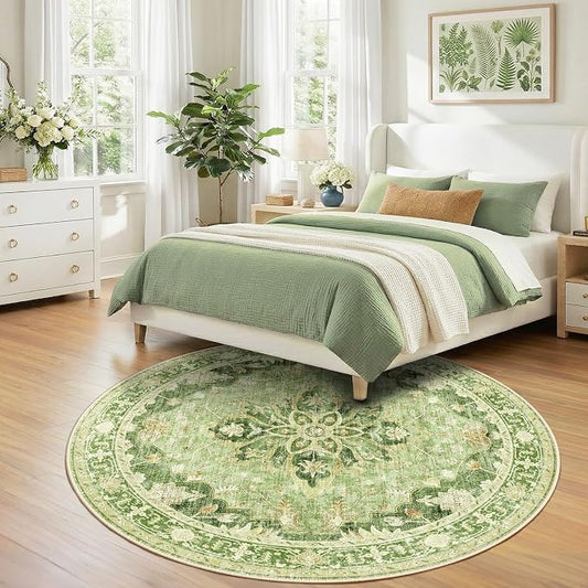 RELEANY Area Rugs Round 7ft Washable Non-Slip, Floral Vintage Distress Medallion Carpet for Living Room Bedroom Dining Room, Sage Green Yellow