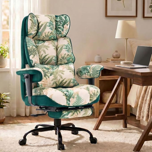 Efomao Watercolor Fabric Executive Office Chair Home Foot Rest, Green | Soft Breathable Computer Desk Seat, Plush Comfy Cushion, Aesthetic Pastel Floral Patterns for Studio Vanity Cozy Setup