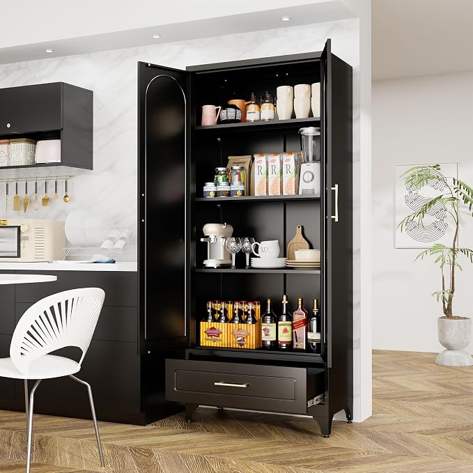Metal Storage Cabinet with Doors and Shelves, 75" Tall Kitchen Pantry Storage Cabinets with Drawer, Black Pantry Cabinet, Steel Office Cabinets, Large Cupboard- Assembly Required