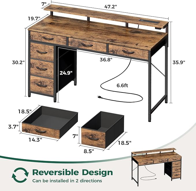 Huuger Gaming Desk with 6 Drawers, Computer Desk with LED Lights Power Outlets and Type-C, 47 Inch Office Desk with Storage, Monitor Stand, Writing Work Desk for Home Office, Rustic Brown,1CD101F