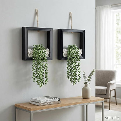 2 Pack Fake Plants Hanging, Artificial Succulents Plants in Square Wooden Frame with Glow Accents, Boho Wall Decor for Office Living Room Bathroom Bedroom Kitchen Indoor Outdoor, Black