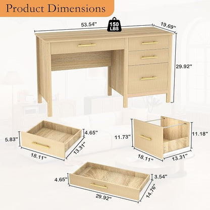 Modern Executive Desk with Drawers: 55" Oak Home Office Desks with File Drawers, Fluted Desk with Storage, Wood Computer Desks for Work, Study and Living Room (Oak, 54")
