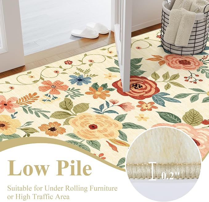 DUKINO 2x8 Runner Rug for Hallway, Washable Kitchen Runner Rug with Rubber Backing Non Slip, Low Pile Soft Boho Floral Thin Carpet for Entryway, Hallway, Bathroom, Laundry Room, Beige Yellow