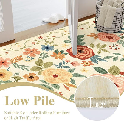 DUKINO Runner Rug for Hallway, 2.6x10 Washable Floral Long Kitchen Rug with Non Slip Backing, Lightweight & Stain Resistant Runners for Indoor Entrance, Laundry, Living Room, Bedroom, Beige Yellow
