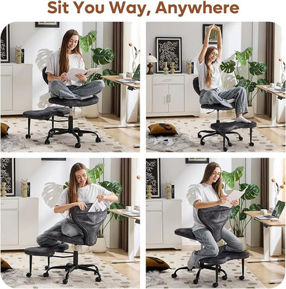 YFO Ergonomic Cross Legged Office Chair and ADHD Meditation Chair with Silent Wheels for Home Office Desk Chair and Yoga, Wider Backrest Support and Storage Pockets Design, Velvet Fabric, Grey