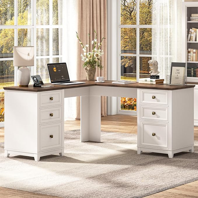 Vabches Farmhouse L Shaped Executive Desk with 6 Drawers, 59’’ Wood Home Office Desk with File Cabinet, Writing Corner Computer Desk for Home Office, Work, Study, White and Brown