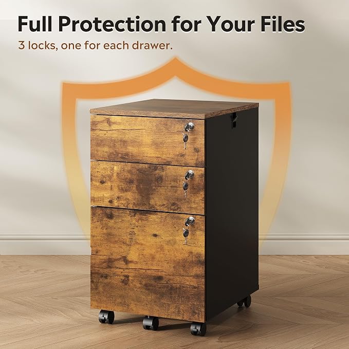 DEVAISE 3 Drawer Mobile File Cabinet with Individual Locks, Wood Filing Cabinet for Office, Under Desk Printer Stand with Wheels, Fits Letter/A4/Legal Size, Rustic Brown