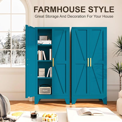 Baborokic 61H Metal Storage Cabinet with 2 Doors and Adjustable Shelves,Farmhouse Storage Cabinet with Barn Doors,Pantry Storage for Home,Office,Dining Room,Kitchen(Blue)