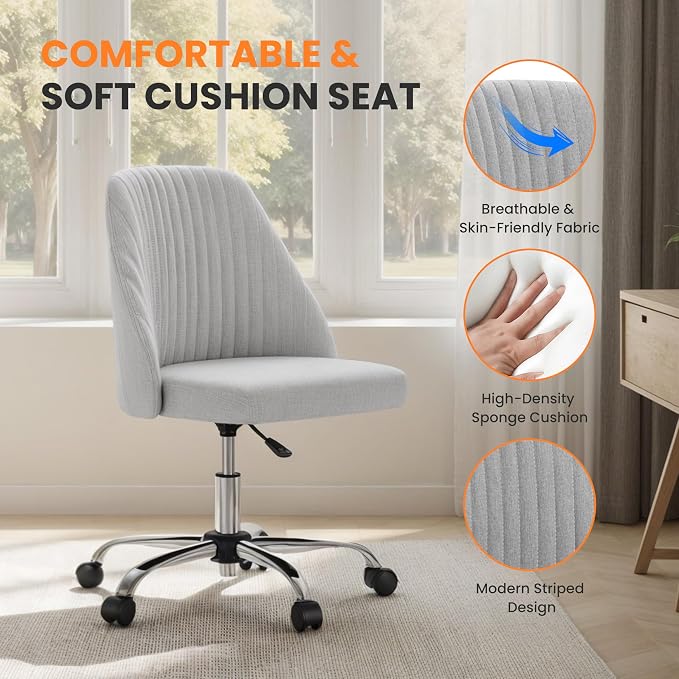 Simple Deluxe Armless Office Desk Chair, Modern Cute Swivel Vanity Chair Comfy Home Office Chairs with Wheels Height Adjustable Rolling Computer Task Stools for Living Room, Make-up, Bedroom, Grey