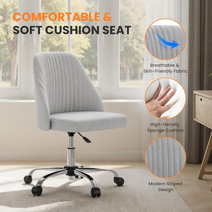 Simple Deluxe Armless Office Desk Chair, Modern Cute Swivel Vanity Chair Comfy Home Office Chairs with Wheels Height Adjustable Rolling Computer Task Stools for Living Room, Make-up, Bedroom, Grey