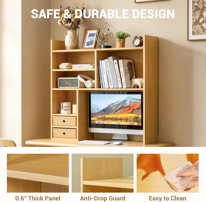 deli Desktop Bookshelf, High-Capacity Desk Hutch Organizer with 7 Shelves and 2 Drawers for Computer Desk, Desk Shelf Organizer for Dorm Office Home, Natural