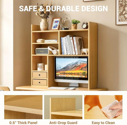 deli Desktop Bookshelf, High-Capacity Desk Hutch Organizer with 7 Shelves and 2 Drawers for Computer Desk, Desk Shelf Organizer for Dorm Office Home, Natural
