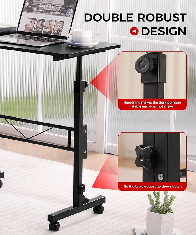 Standing Desk Adjustable Height, Mobile Stand Up Desks with Wheels Small Computer Desk Rolling Desk, Portable Laptop Desk Black Standing Table Sit Stand Home Office Desks 16"x31.5" Height 27"-43.5"