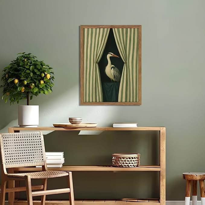 Framed Curtain Crane Canvas Wall ArtFramed Bird Wall Art, Elegant Heron Canvas Print, Vintage Coastal Bird Wall Decor, Abstract Heron Painting, Striped Curtain Picture Poster Artwork for Living Room Bedroom 16x24 inch