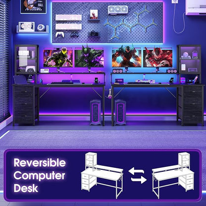 DurayLoly 55" Black Computer Desk with 2 Acrylic Cabinet & 3 Fabric Drawers | Integrates Ample Storage & Display, Great Fit for Small Spaces, Outlets Suitable for Studying, Working & Gaming Equipments