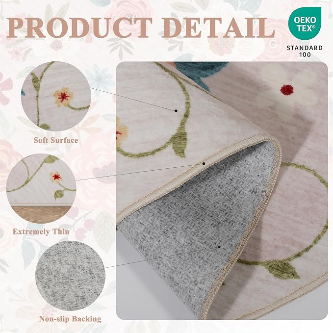 DUKINO Runner Rug for Hallway, 2.6x10 Washable Floral Long Kitchen Rug with Non Slip Backing, Lightweight & Stain Resistant Soft Runners for Indoor Entrance, Laundry, Living Room, Bedroom, Beige