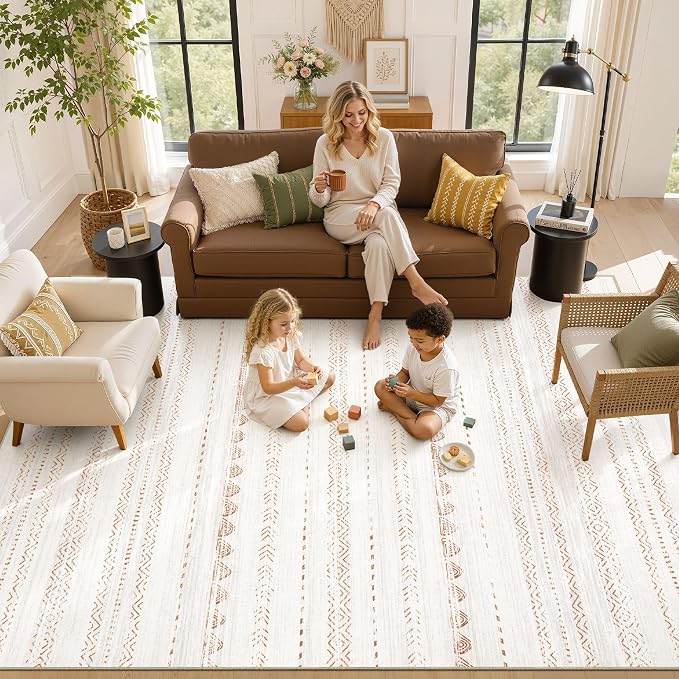 Nakagishi Area Rugs 9x12 Living Room: Washable Boho Large Neutral Modern Soft Farmhouse Rug Stain Resistant Indoor Floor Non-Slip Carpet for Bedroom Nursery Kids Playroom Office Dining Room- Brown