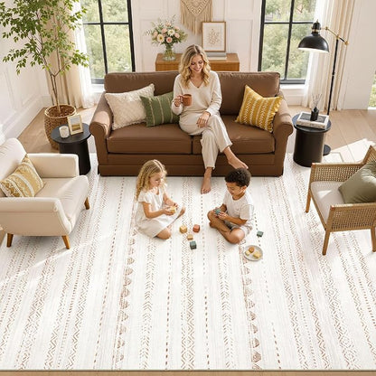 Nakagishi Area Rugs 9x12 Living Room: Washable Boho Large Neutral Modern Soft Farmhouse Rug Stain Resistant Indoor Floor Non-Slip Carpet for Bedroom Nursery Kids Playroom Office Dining Room- Brown