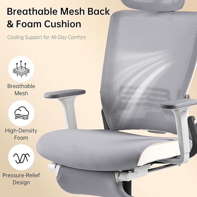 Foldable Office Chair with Foot Rest, Ergonomic Office Chair with Adjustable Lumbar Support, Headrest, Armrest, Home Office Desk Chairs for Space Saving, Grey
