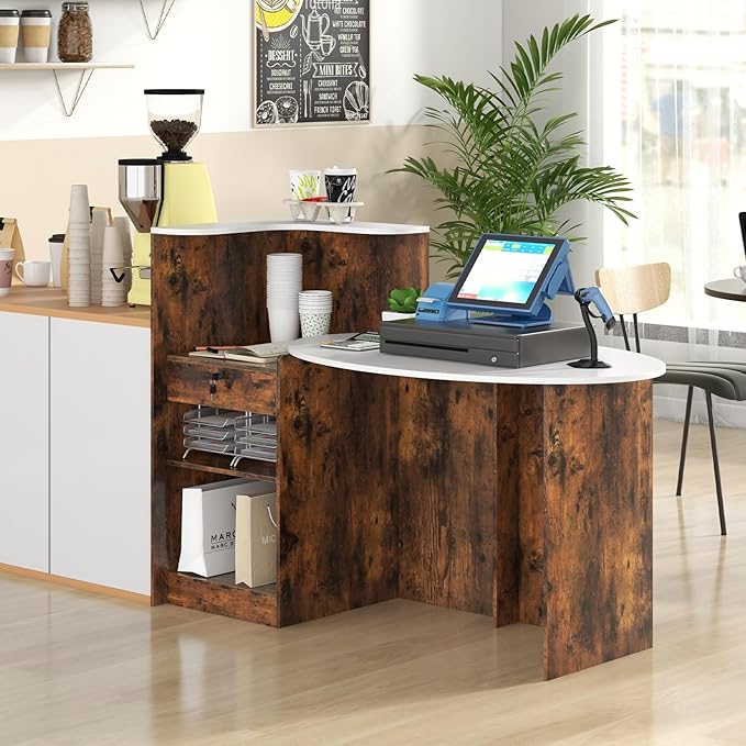 Tangkula Reception Desk, Front Counter Desk with Lockable Drawers, L Shaped Retail Counter with Oval Desktop, Checkout Computer Workstation for Salon Lobby Home Office