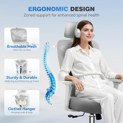 Ergonomic Office Desk Chair, High Back Mesh Office Chair with Adjustable Lumbar Support, 3D Headrest, Big and Tall Home Computer Desk Chairs Comfy for Work, Gaming, 300lbs, (Gray, 8 Pack)