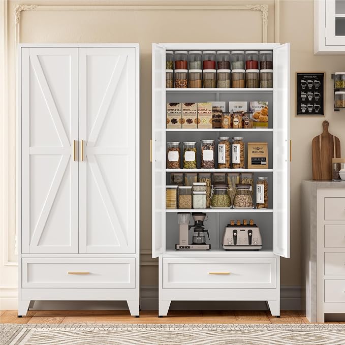 71"Tall Metal Storage Cabinet with Drawer and 4 Adjustable Shelves,Farmhouse Kitchen Pantry Storage Cabinet with Doors, Freestanding White Locker Cabinets for Office,Dining Room,Bathroom(White)