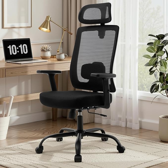 Ergonomic Office Chair Mesh Back, Office Desk Chair with Adjustable Lumbar Support, Rolling Work Chairs with Wheels and 3D Headrest, Set of 2, Black