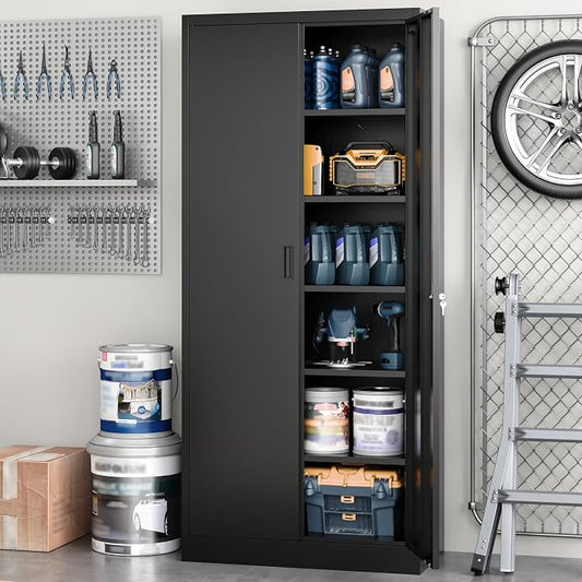 Metal Garage Storage Cabinets,71” Tall Metal Storage Cabinet with Lock and 5 Adjustable Shelves, Locking Cabinets for Office, Home, Garage, Warehouse 71" H x 32" W x 16" D (Black)