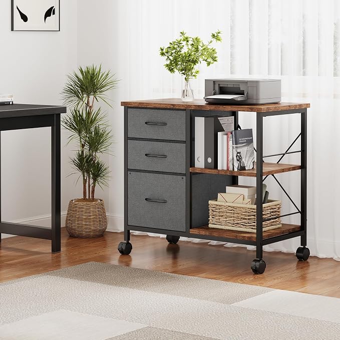 DUMOS 3 Drawer Mobile File Cabinet, Freestanding Fabric Lateral Filing Cabinet Fits A4/Letter Size, Space Saving Rolling Printer Stand with X-Frame and Open Storage Shelf for Home Office, Grey