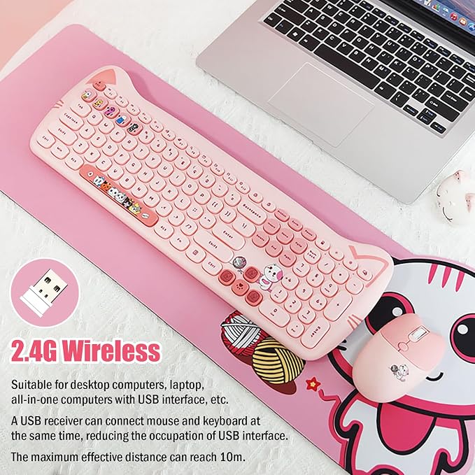 Cute Cat 2.4G USB Wireless Keyboard and Mouse Combo, Silent Keys, Candy Colors, Compatible with Notebook, PC (Pink-110Keys)