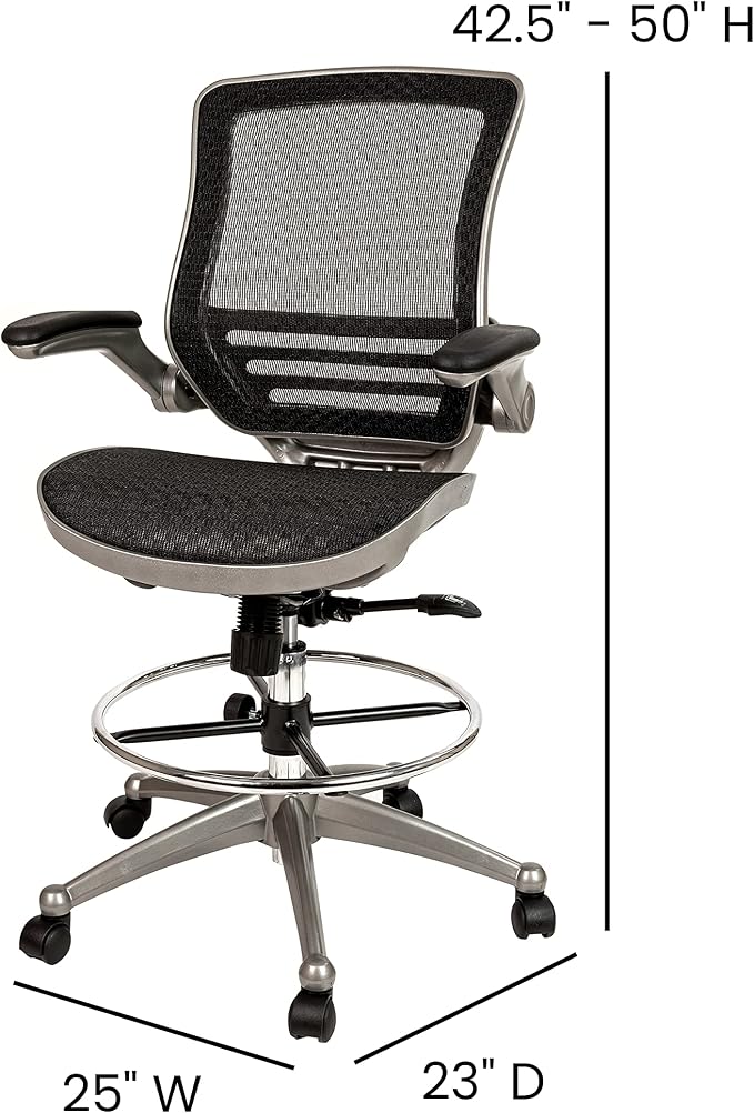 Flash Furniture Waylon Mid-Back Swivel Office Chair with Adjustable Foot Ring and Seat Height, Ergonomic Mesh Chair with Armrests, Black/Silver