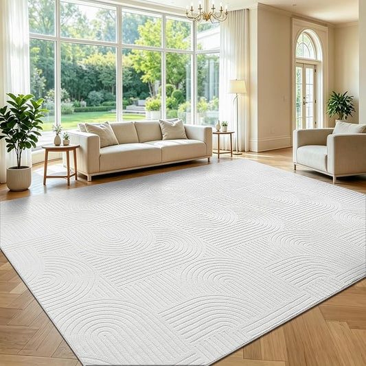 Pauwer 9x12 Washable Area Rugs for Living Room Modern White Solid Color Soft Fluffy Rugs for Bedroom Non Slip Boho Accent Indoor Mat Floor Carpet Cover for Kids Room Dining Room Kitchen Office