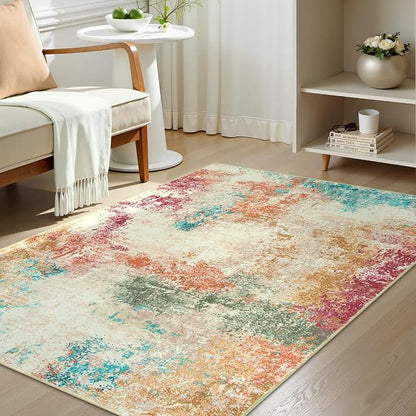 Lahome Abstract Kitchen Rugs Washable, 3x5 Ultra Thin Soft Small Area Rug for Living Room Non-Slip, Low-Pile Indoor Modern Colorful Bedroom Throw Carpet for Entryway Office Bathroom