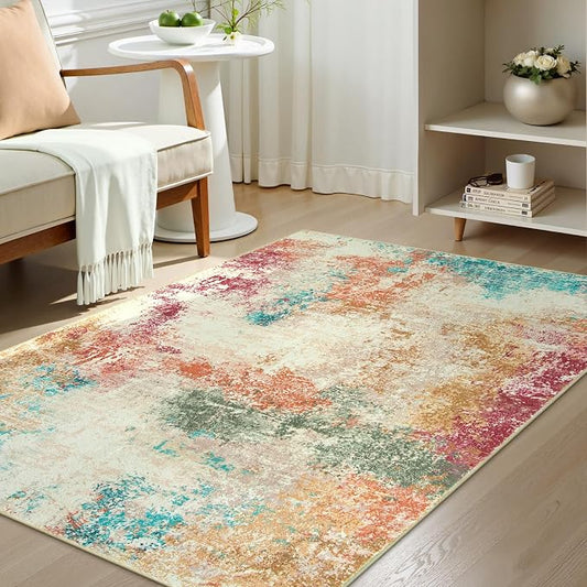 Lahome Abstract Kitchen Rugs Washable, 3x5 Ultra Thin Soft Small Area Rug for Living Room Non-Slip, Low-Pile Indoor Modern Colorful Bedroom Throw Carpet for Entryway Office Bathroom