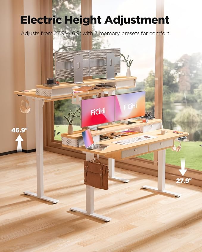 FiCiHi Electric Standing Desk with Four Drawers, 55 x 24 Inch Adjustable Height Sit Stand Desk, C-Clamp Compatible Home Office Desk with Storage Shelf & Monitor Stand Riser, Maple